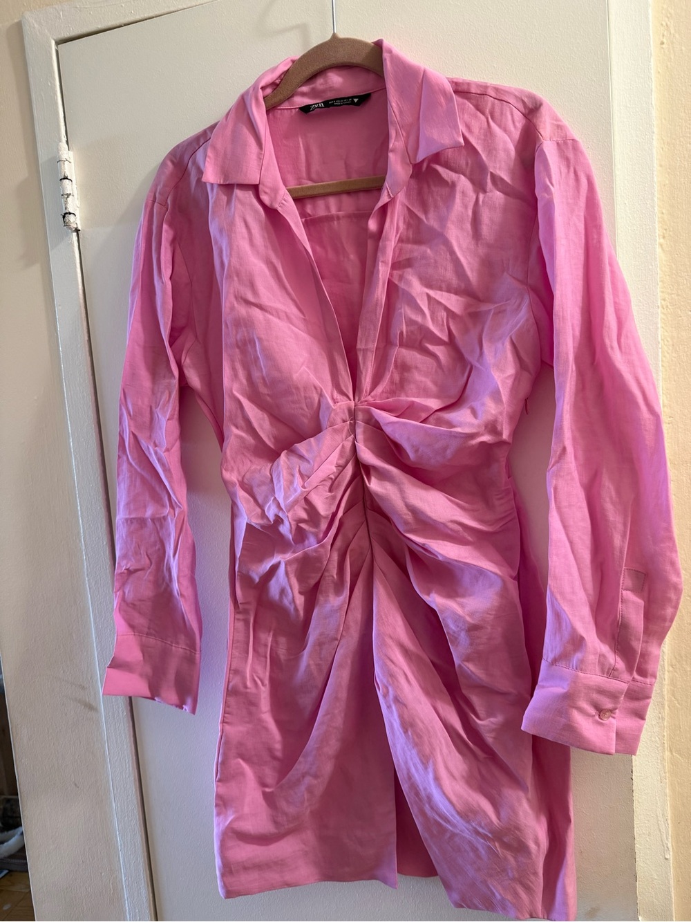 Zara Pink Ruched Button-Down Shirt